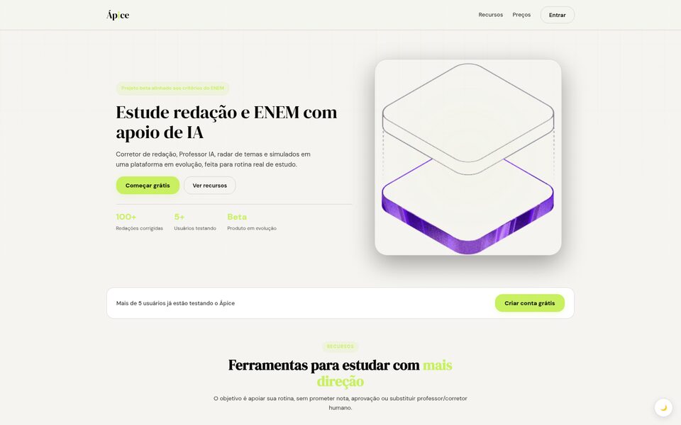 Página inicial do site da Ápice