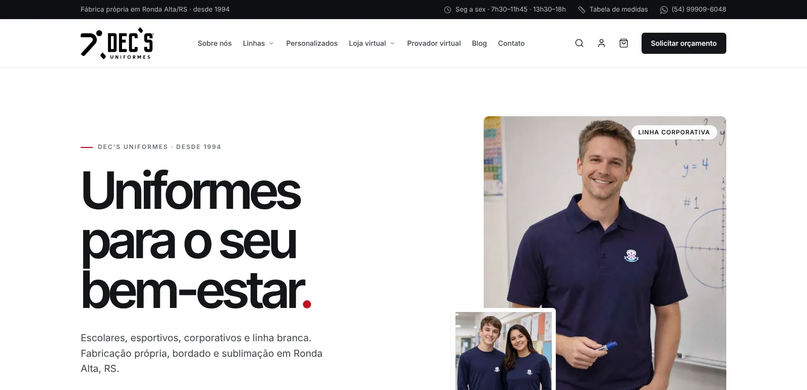 Página inicial do site da DEC'S Uniformes
